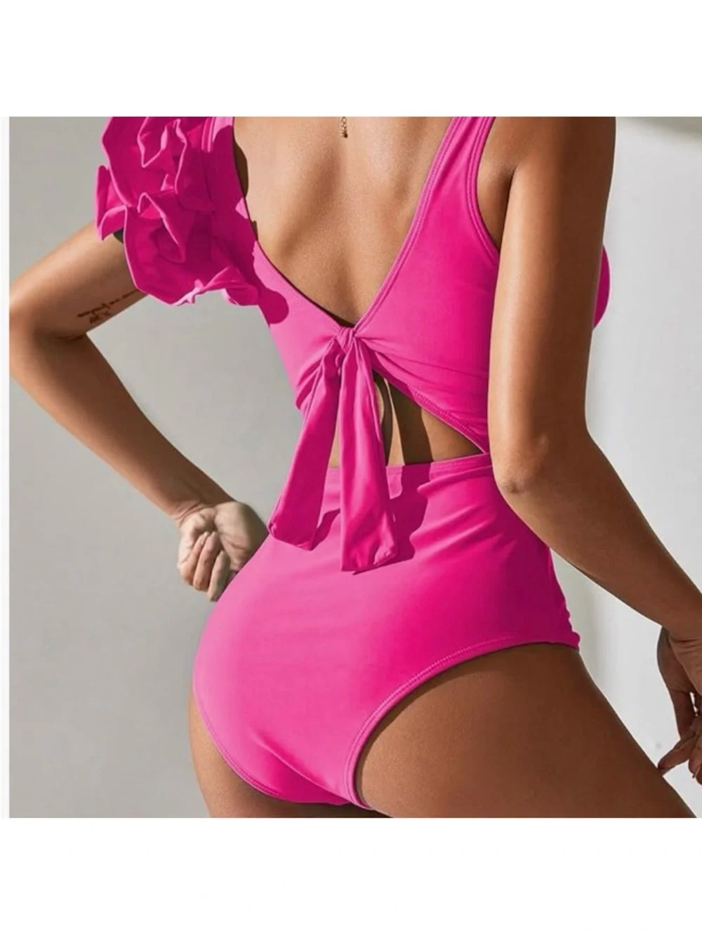 Sporlike Womens S Hot Pink One Piece Swimsuit Ruffle Cutout Tie Front NWT